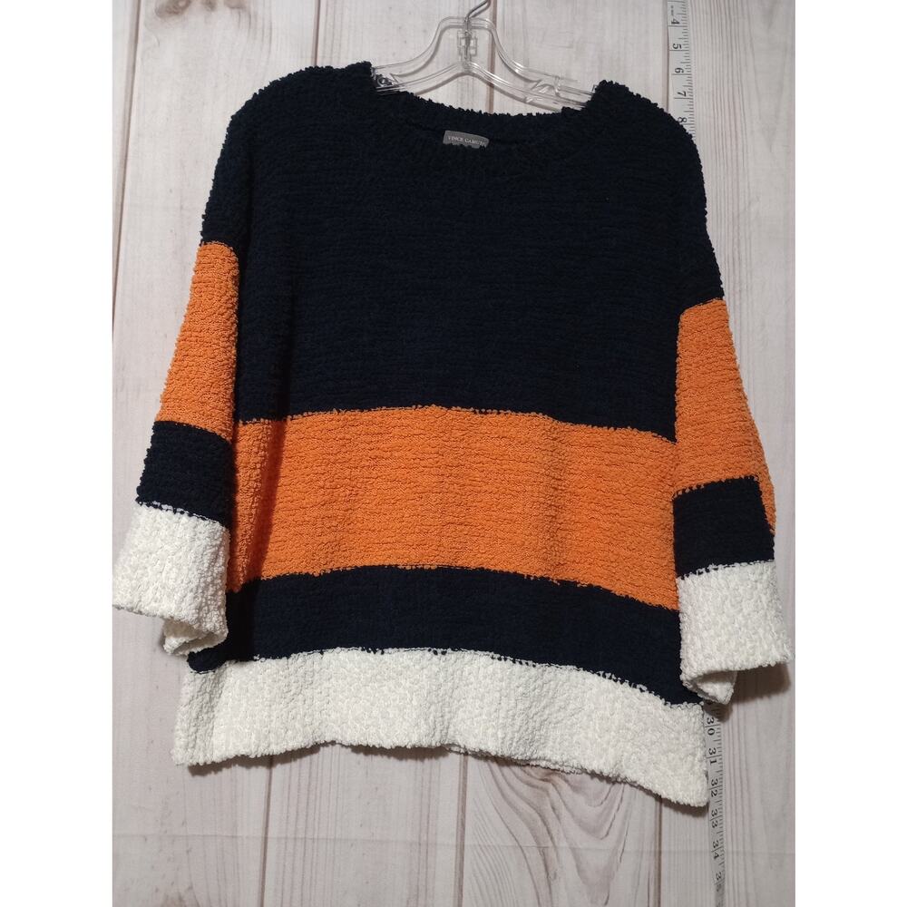 Vince Camuto Sweater Womens Small Navy‎ Orange White Striped Soft Fuzzy Pullover